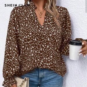 Vintage floral long sleeve top with ruffle sleeve v neck  1XL